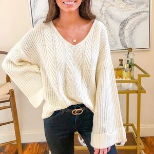 Cream V Neck Sweater with Bell Sleeves